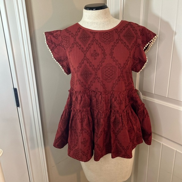 Altar'd State Red Peplum Blouse with Cap Sleeves and Ruffled Details - Picture 1 of 9